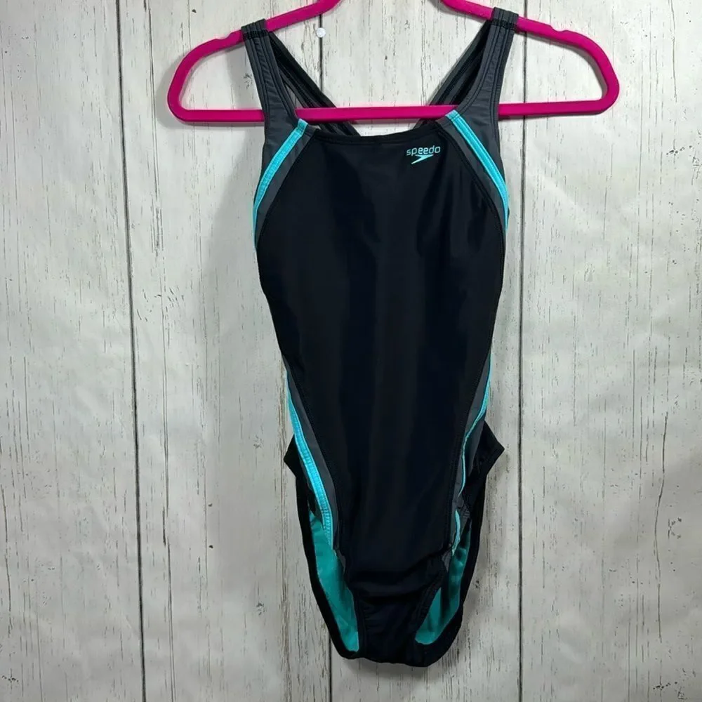 Speedo Womens Black Aqua Racerback Hydro Bra One Piece Swimsuit